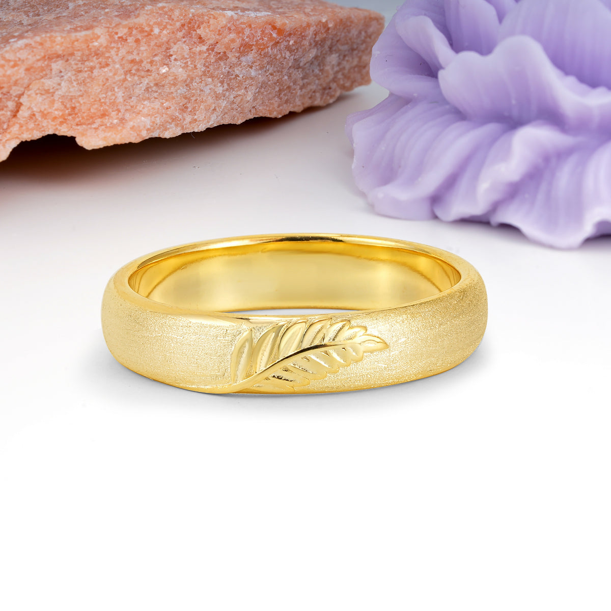 Velvety Satin-Finish Feather-Carved Wedding Ring - Additional view