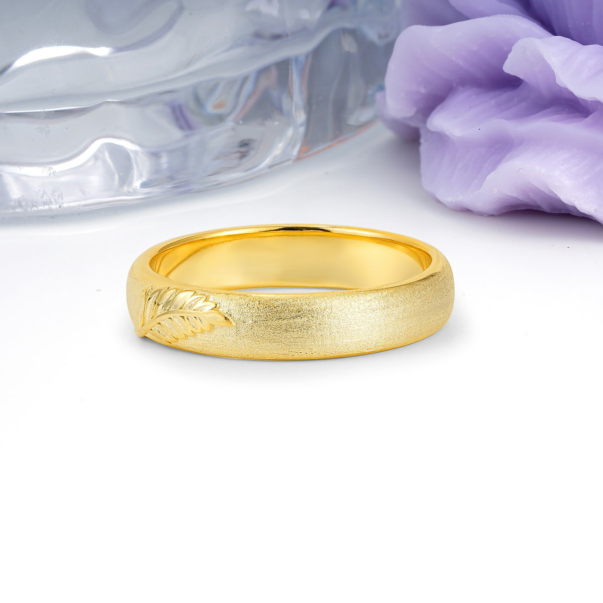 Velvety Satin-Finish Feather-Carved Wedding Ring - Additional view