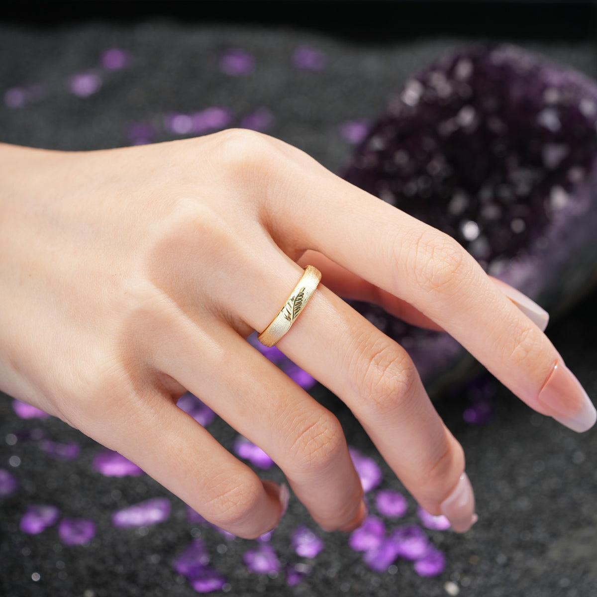 Velvety Satin-Finish Feather-Carved Wedding Ring - Additional view