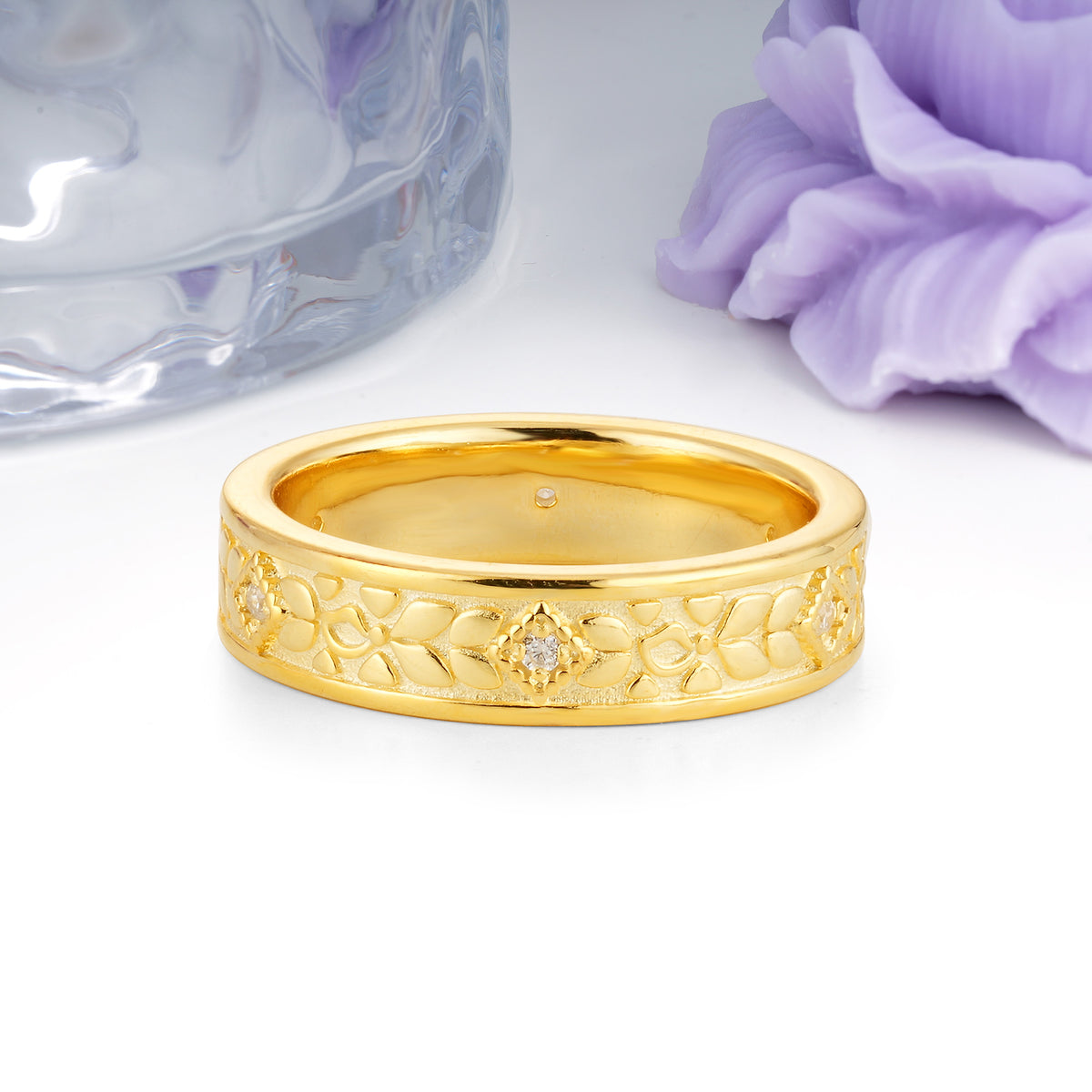 Sunlit Polished-Matte Floral Engraved Wide Moissanite Wedding Ring - Additional view