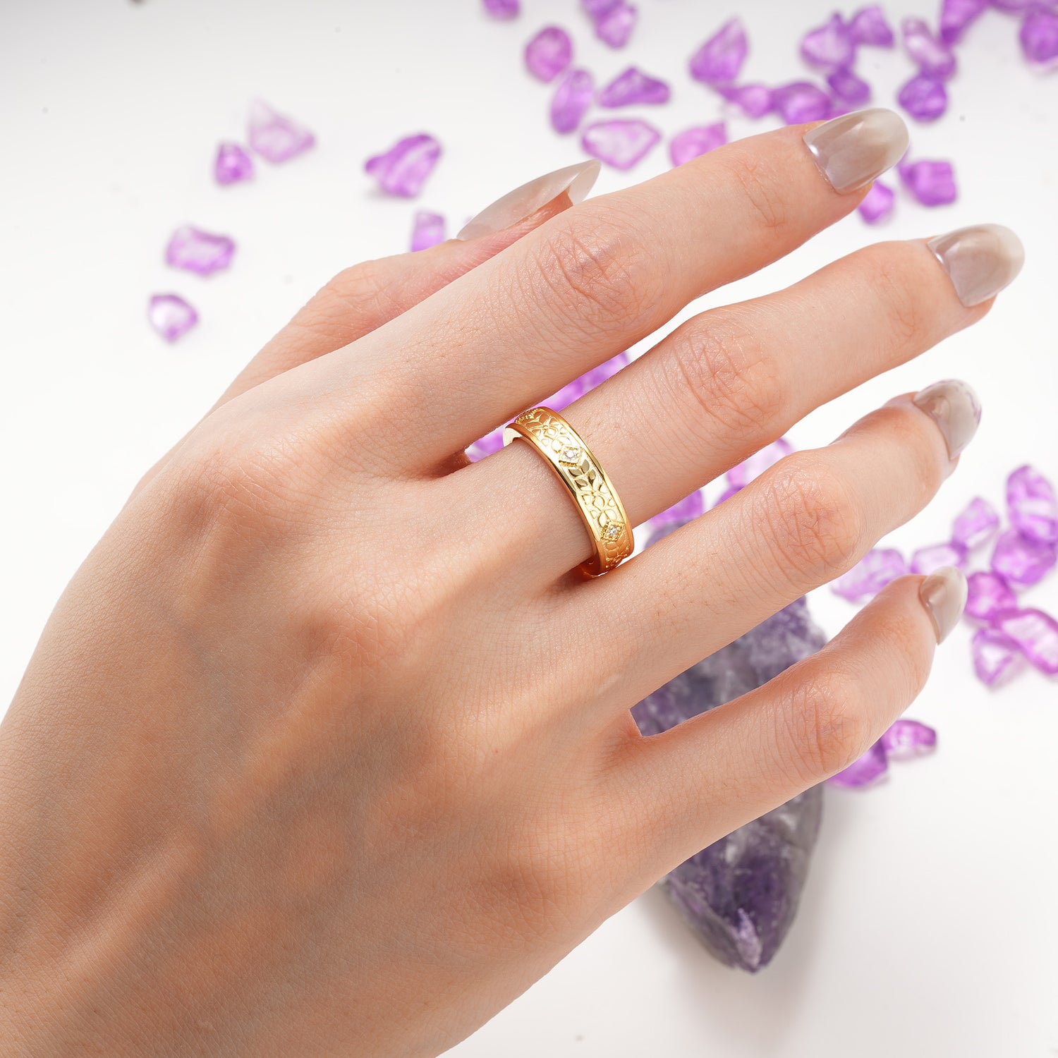 Sunlit Polished-Matte Floral Engraved Wide Moissanite Wedding Ring - Additional view