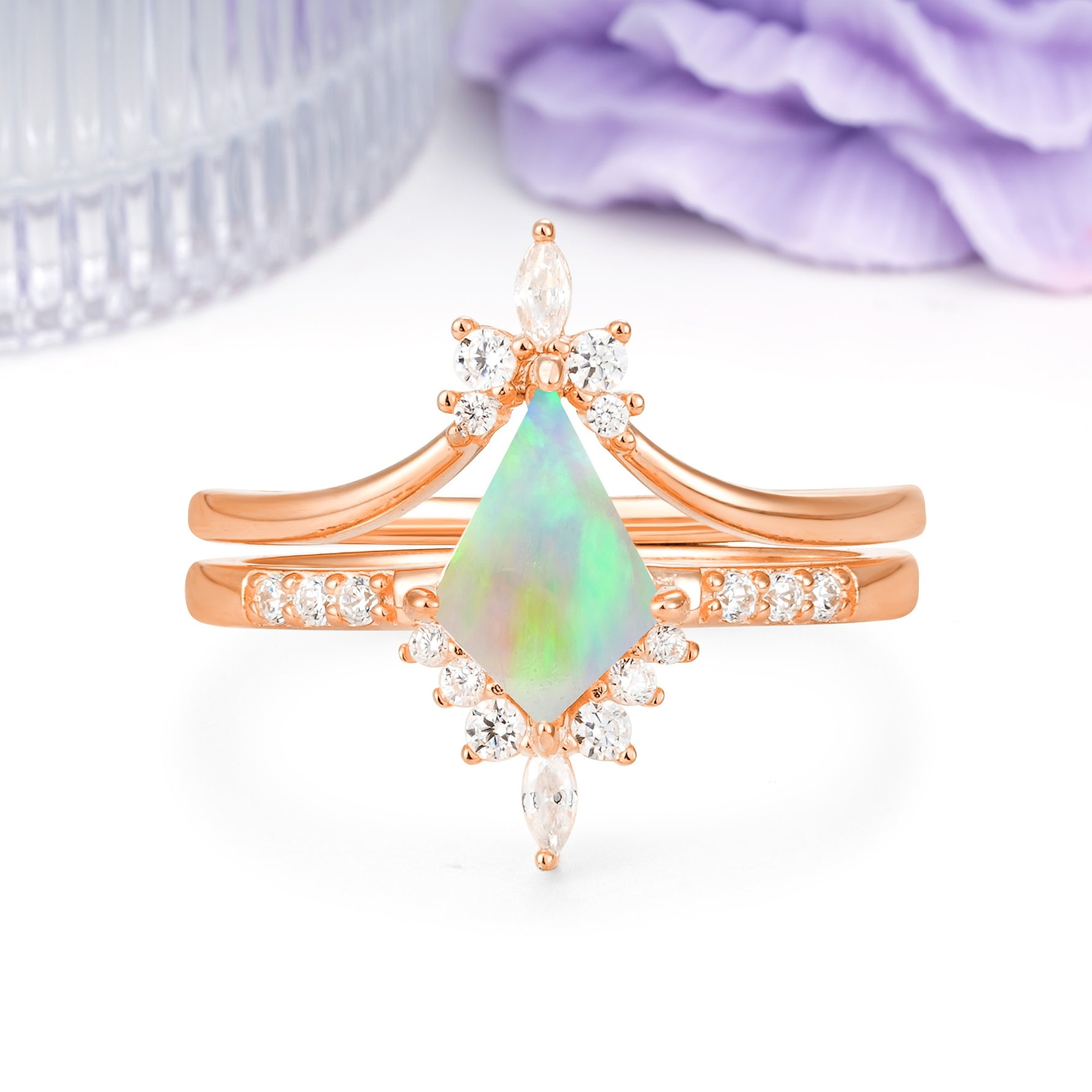 Luxurious Classic 4-Prong Kite Cut Fire Opal Bridal Ring Set - Additional view