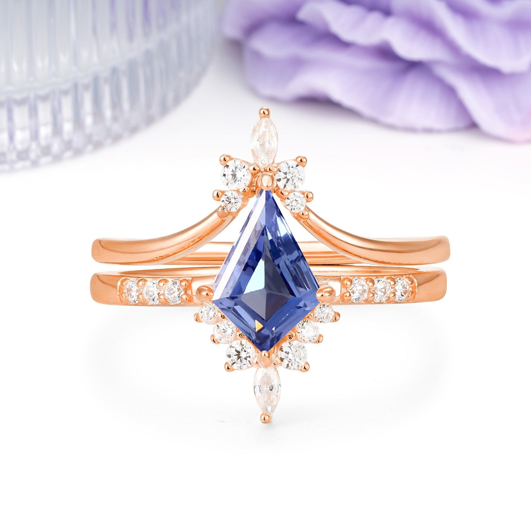 Luxurious Classic 4-Prong Kite Cut Tanzanite Bridal Ring Set - Additional view
