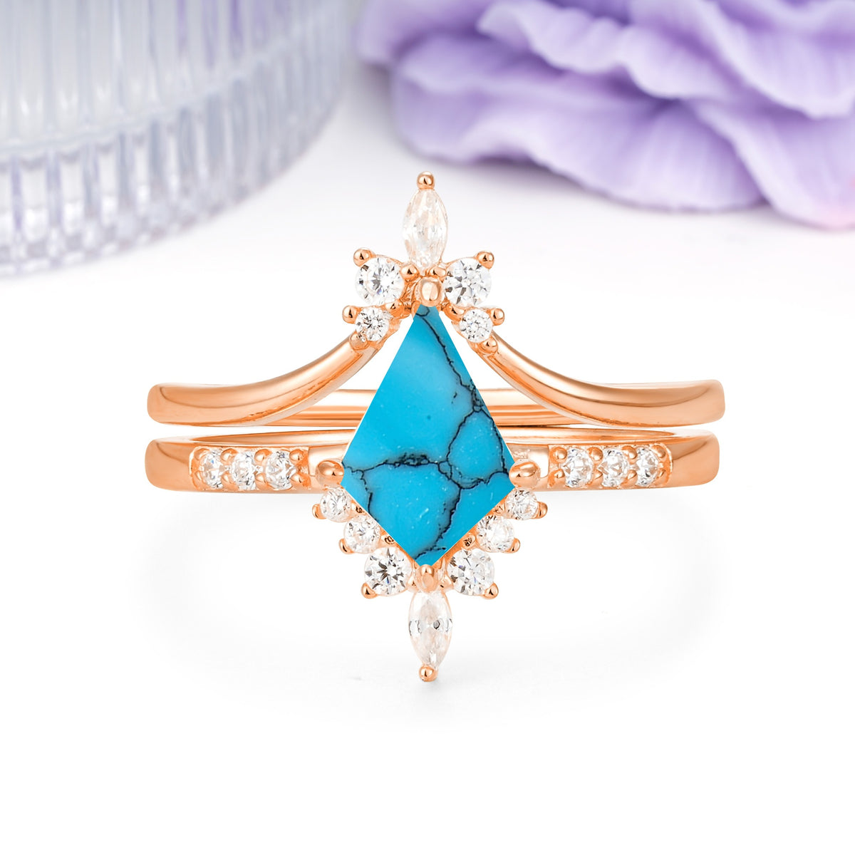 Luxurious Classic 4-Prong Kite Cut Turquoise Bridal Ring Set - Additional view
