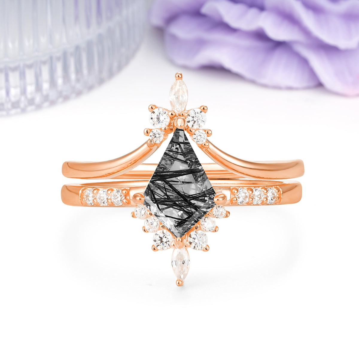 Luxurious Classic 4-Prong Kite Cut Black Rutilated Quartz Bridal Ring Set - Additional view
