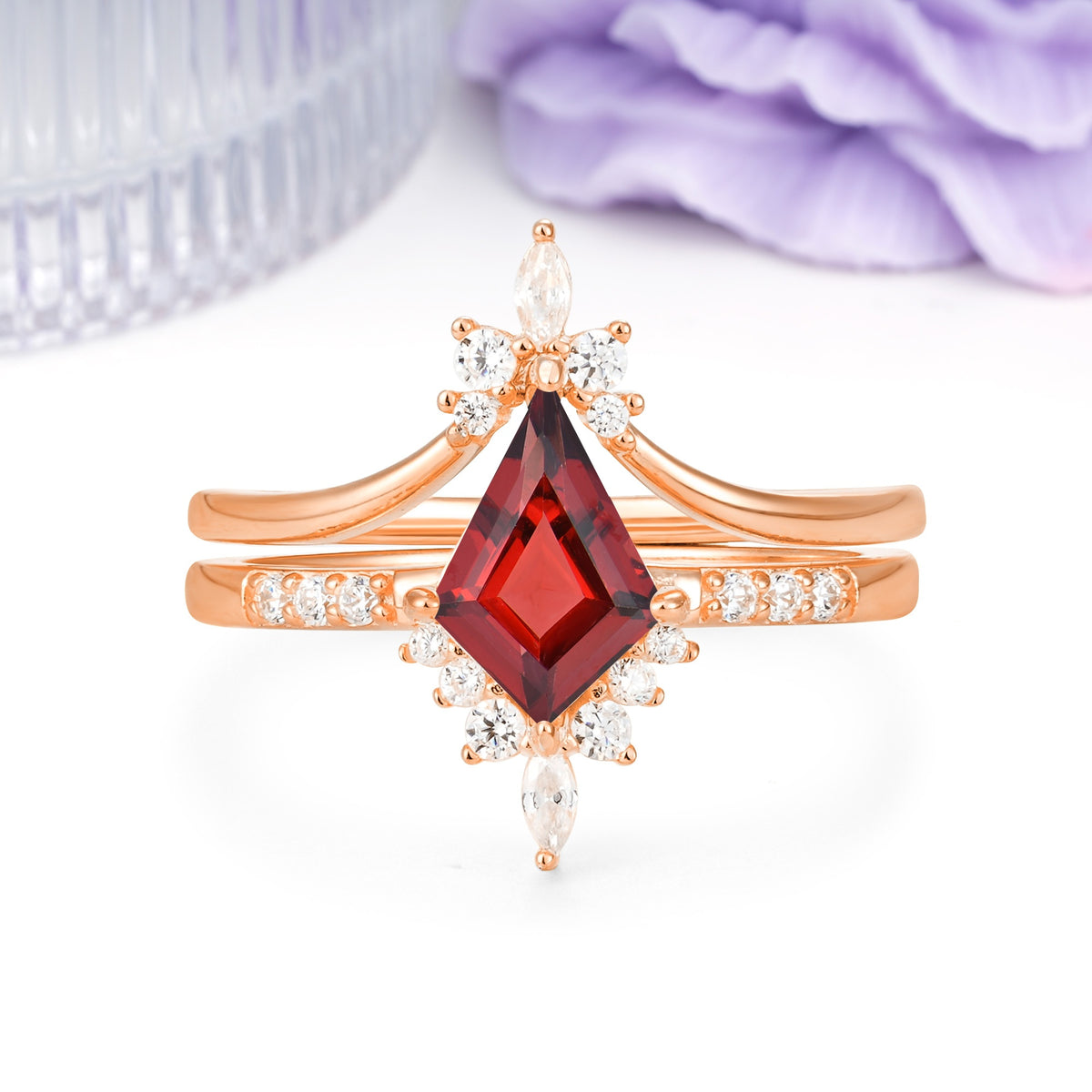 Luxurious Classic 4-Prong Kite Cut Garnet Bridal Ring Set - Additional view