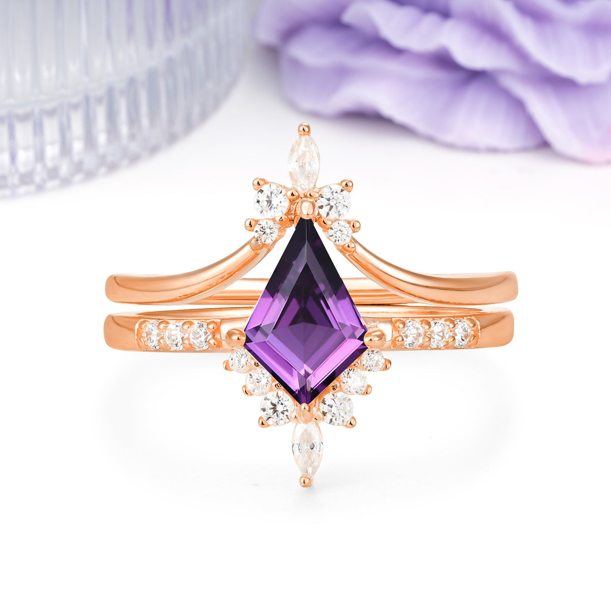 Luxurious Classic 4-Prong Kite Cut Amethyst Bridal Ring Set - Additional view