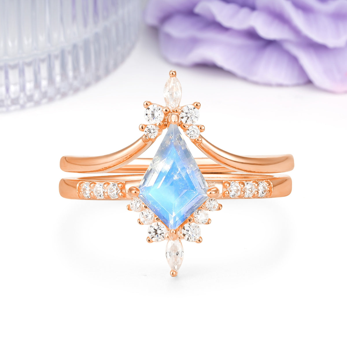 Luxurious Classic 4-Prong Kite Cut Moonstone Bridal Ring Set - Additional view