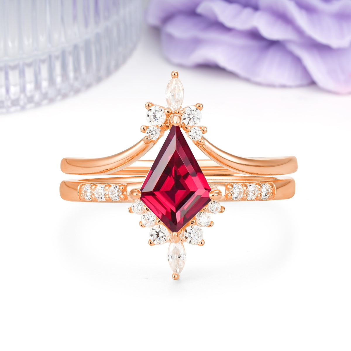 Luxurious Classic 4-Prong Kite Cut Ruby Bridal Ring Set - Additional view
