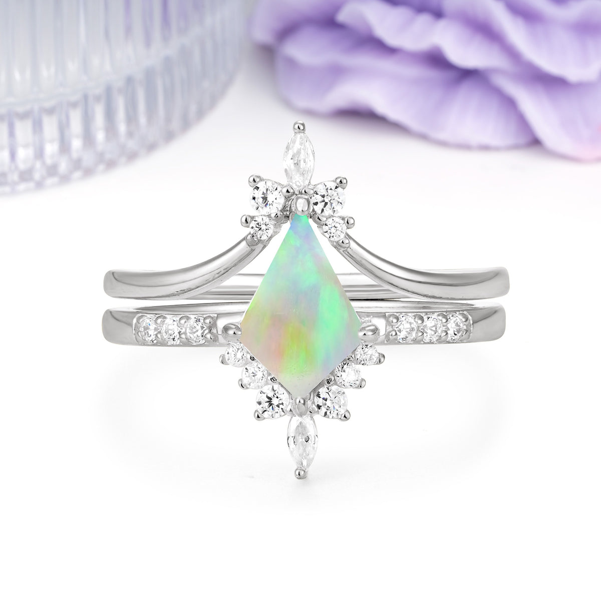 Luxurious Classic 4-Prong Kite Cut Fire Opal Bridal Ring Set - Additional view