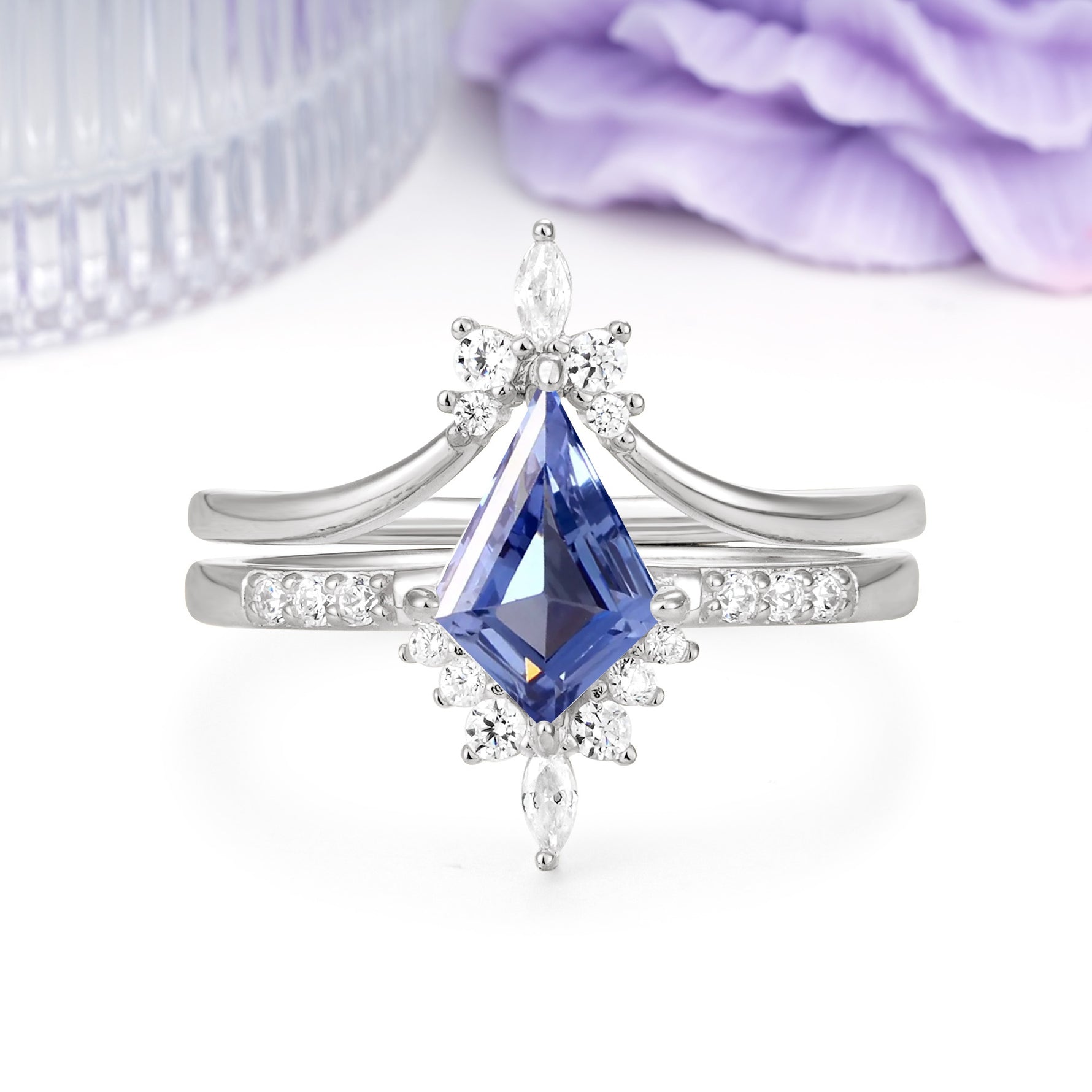 Luxurious Classic 4-Prong Kite Cut Tanzanite Bridal Ring Set - Additional view