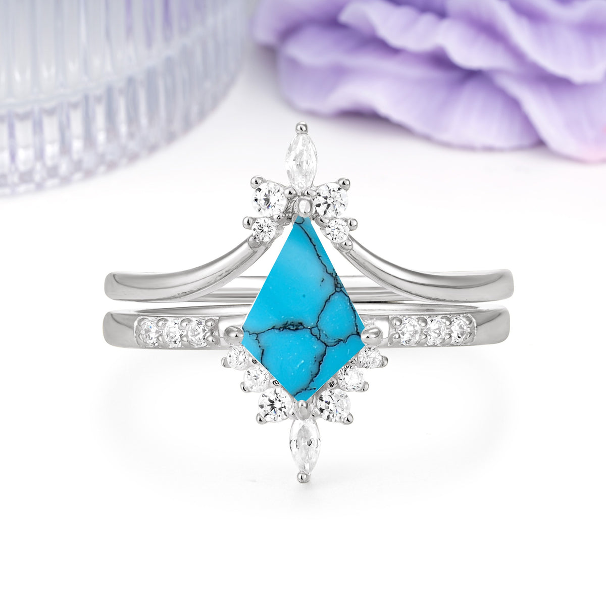 Luxurious Classic 4-Prong Kite Cut Turquoise Bridal Ring Set - Additional view