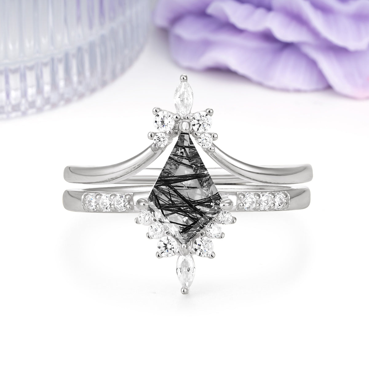 Luxurious Classic 4-Prong Kite Cut Black Rutilated Quartz Bridal Ring Set - Additional view
