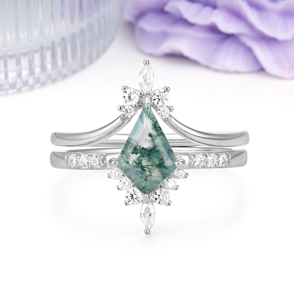Luxurious Classic 4-Prong Kite Cut Moss Agate Bridal Ring Set - Additional view