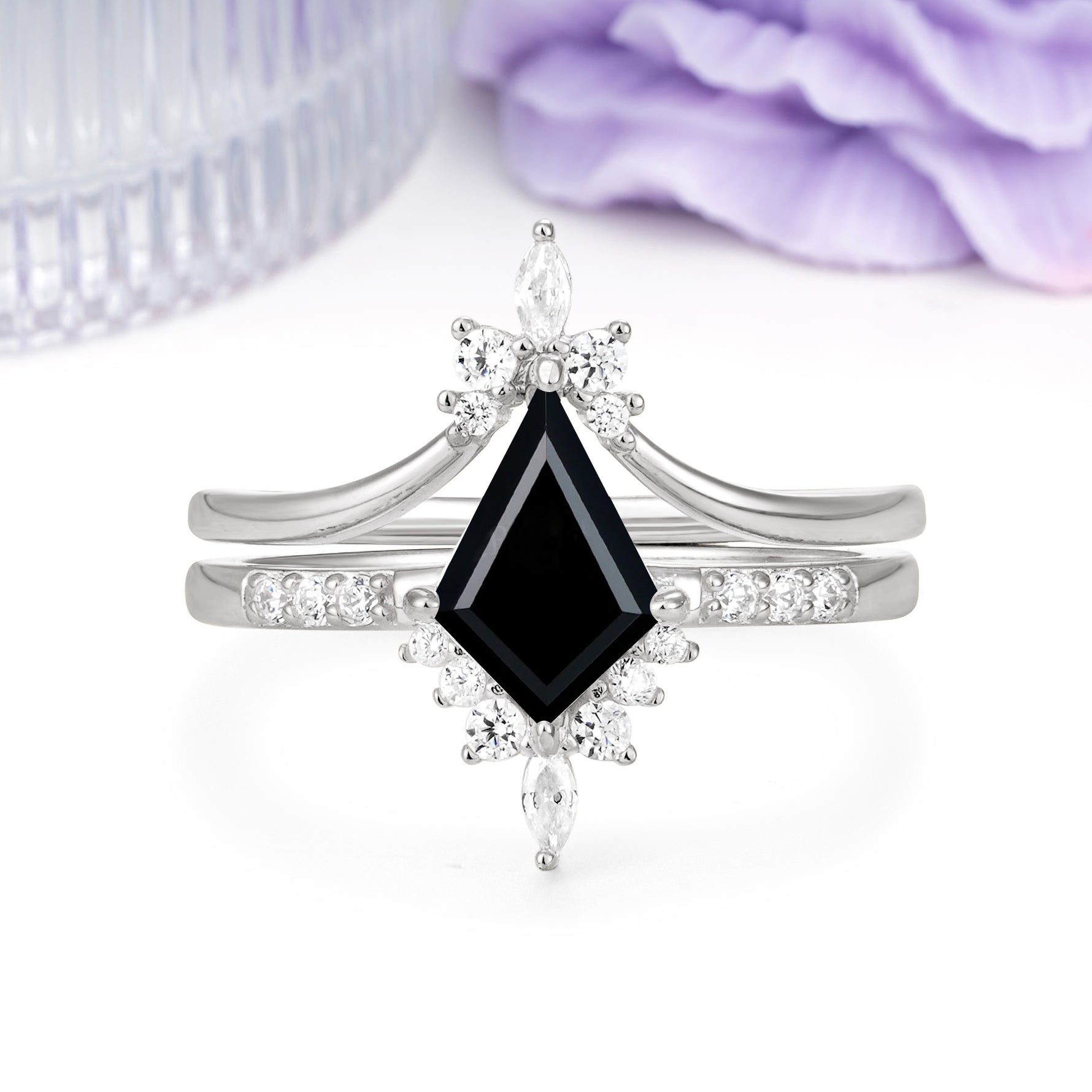 Luxurious Classic 4-Prong Kite Cut Black Onyx Bridal Ring Set - Additional view