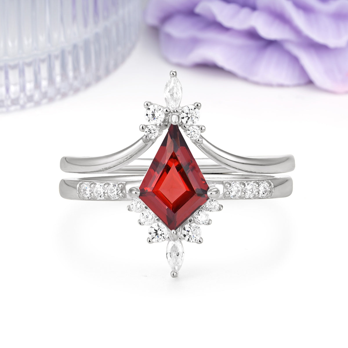 Luxurious Classic 4-Prong Kite Cut Garnet Bridal Ring Set - Additional view
