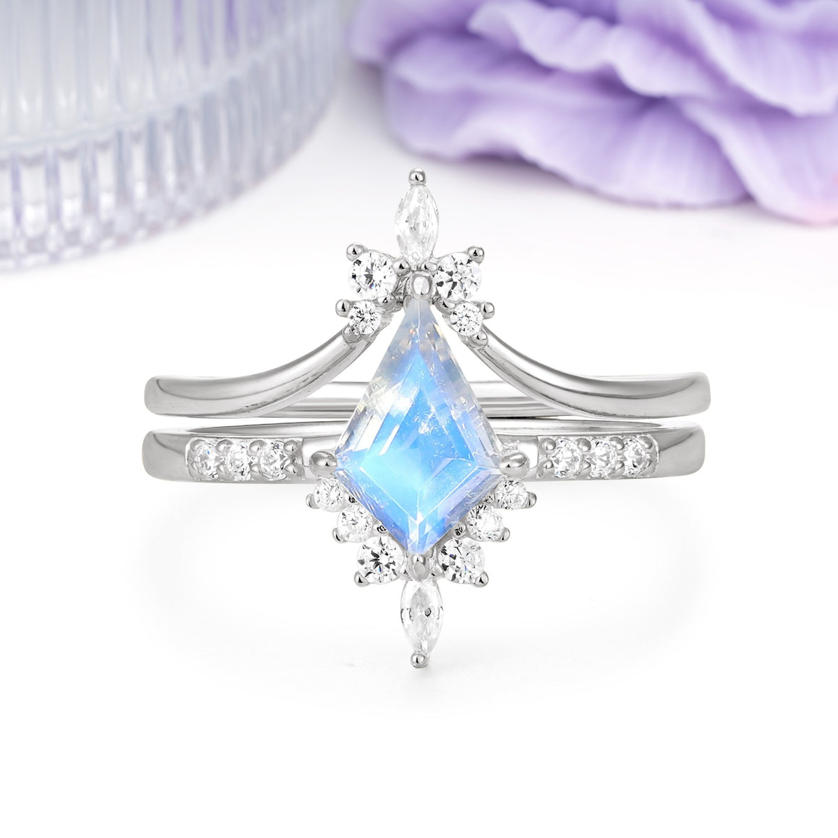 Luxurious Classic 4-Prong Kite Cut Moonstone Bridal Ring Set - Additional view