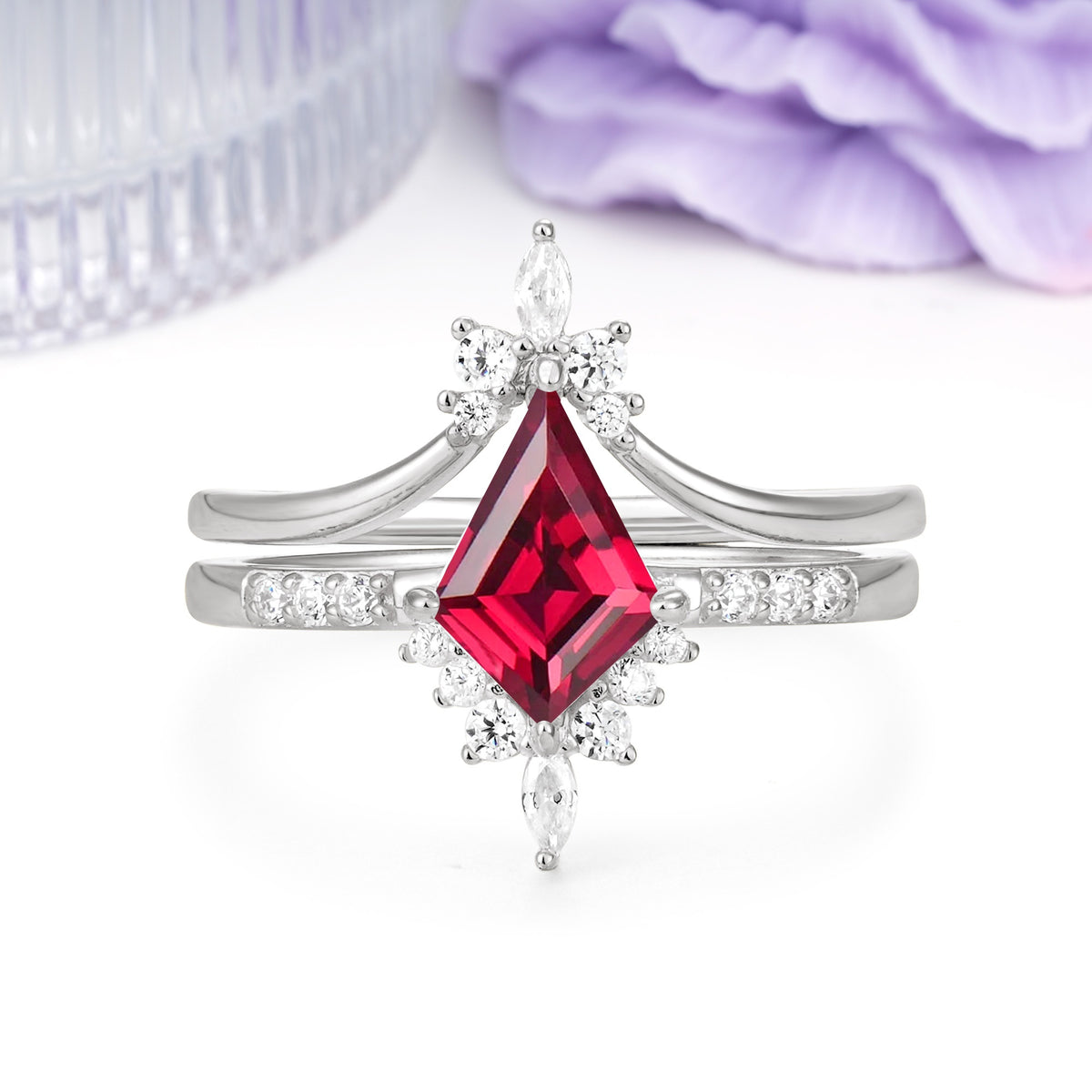 Luxurious Classic 4-Prong Kite Cut Ruby Bridal Ring Set - Additional view
