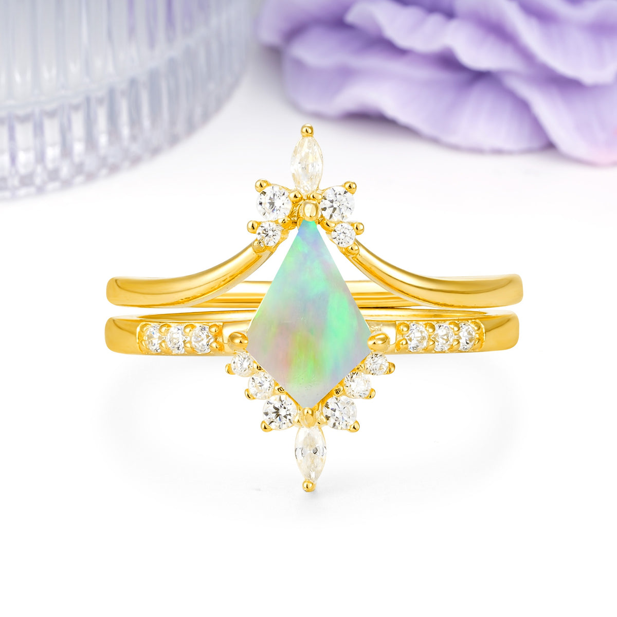 Luxurious Classic 4-Prong Kite Cut Fire Opal Bridal Ring Set - Additional view