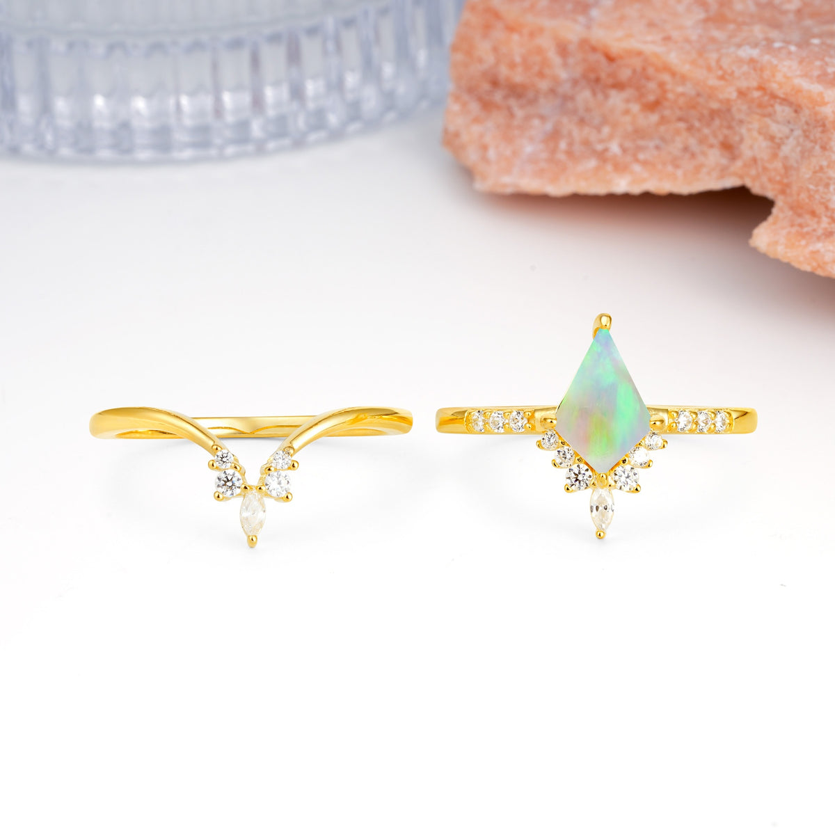 Luxurious Classic 4-Prong Kite Cut Fire Opal Bridal Ring Set - Additional view