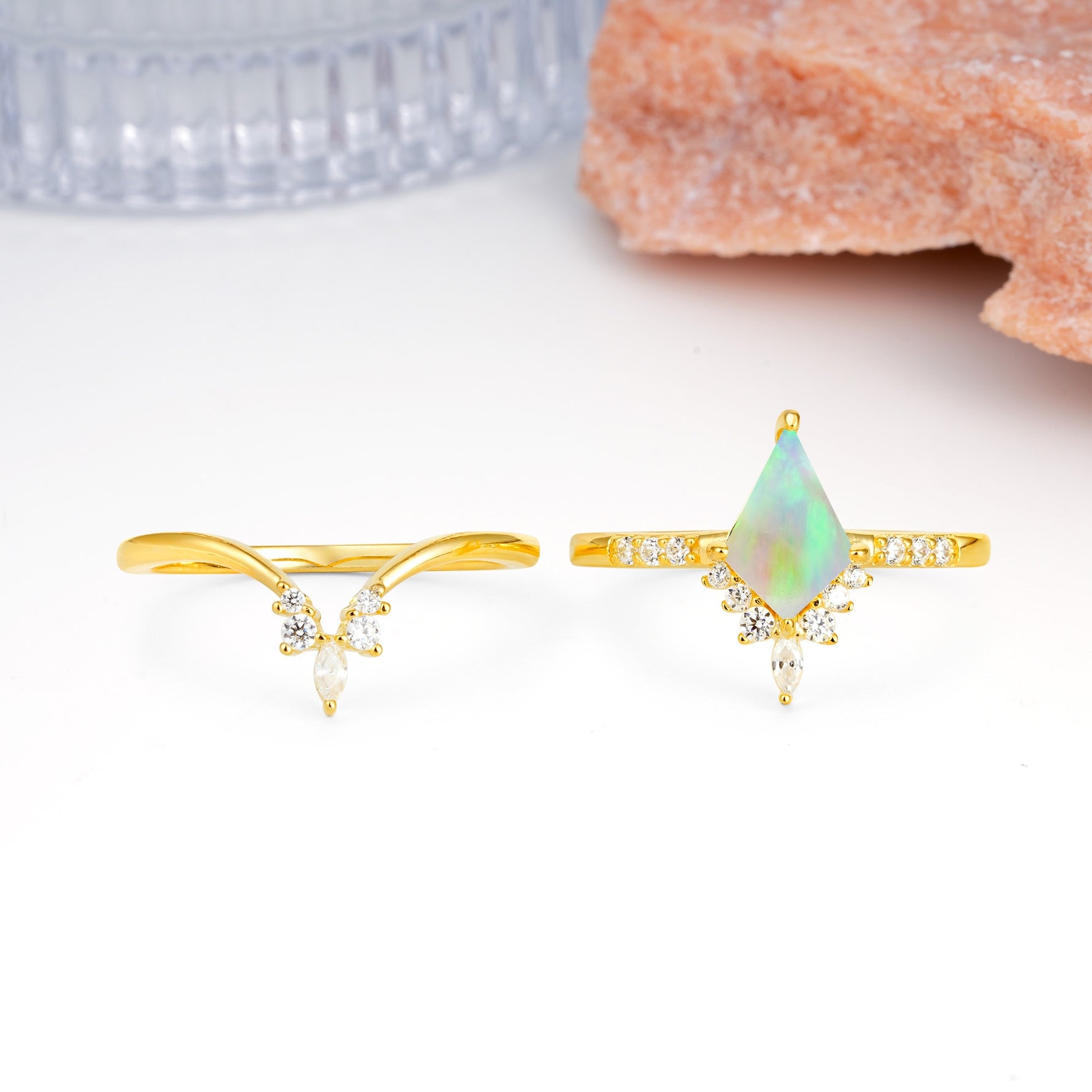Luxurious Classic 4-Prong Kite Cut Fire Opal Bridal Ring Set - Additional view