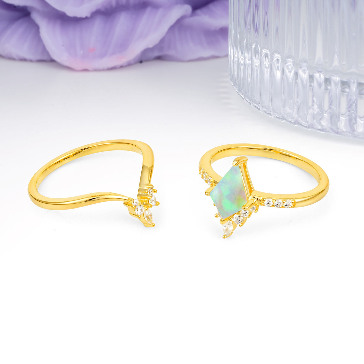 Luxurious Classic 4-Prong Kite Cut Fire Opal Bridal Ring Set - Additional view