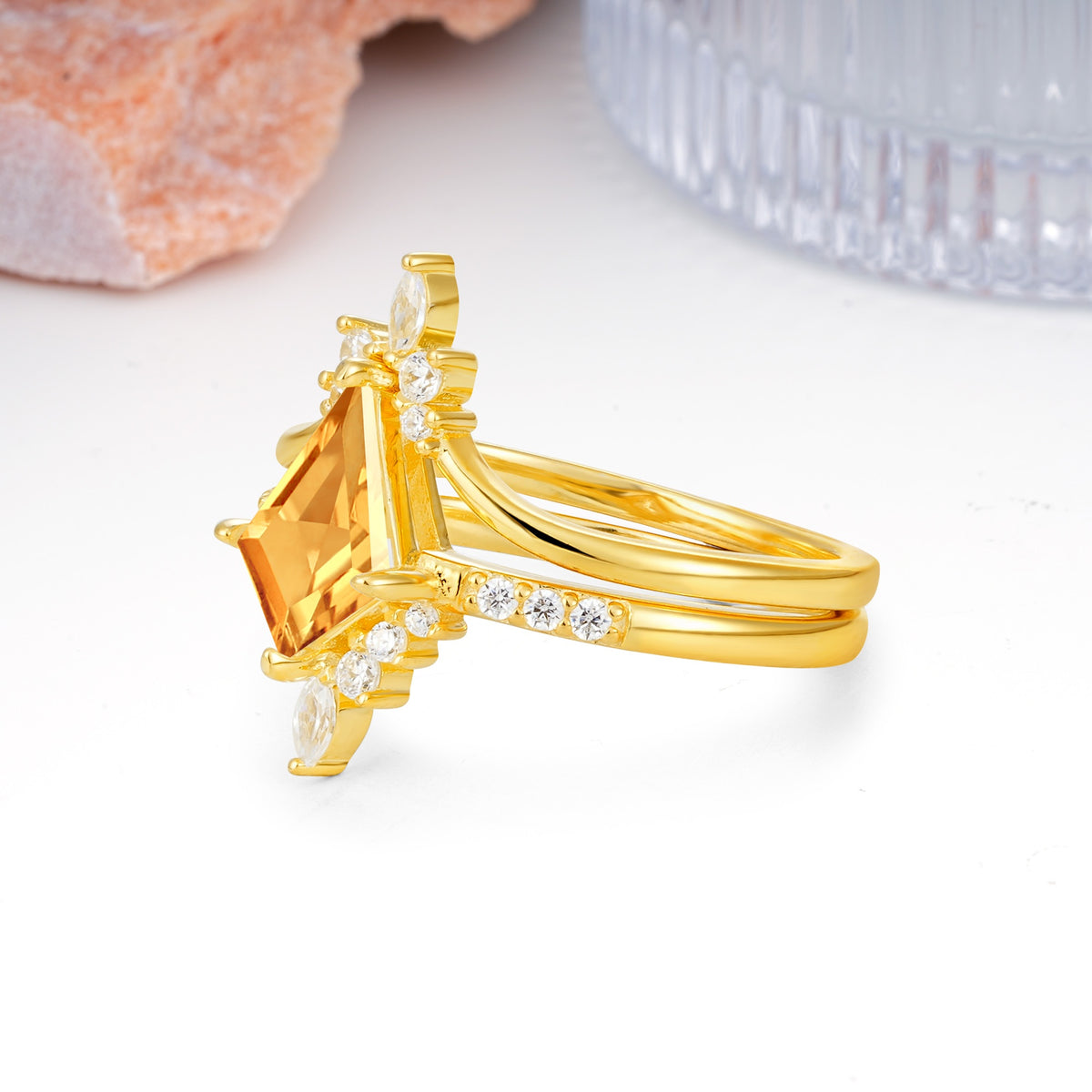 Luxurious Classic 4-Prong Kite Cut Citrine Bridal Ring Set - Additional view
