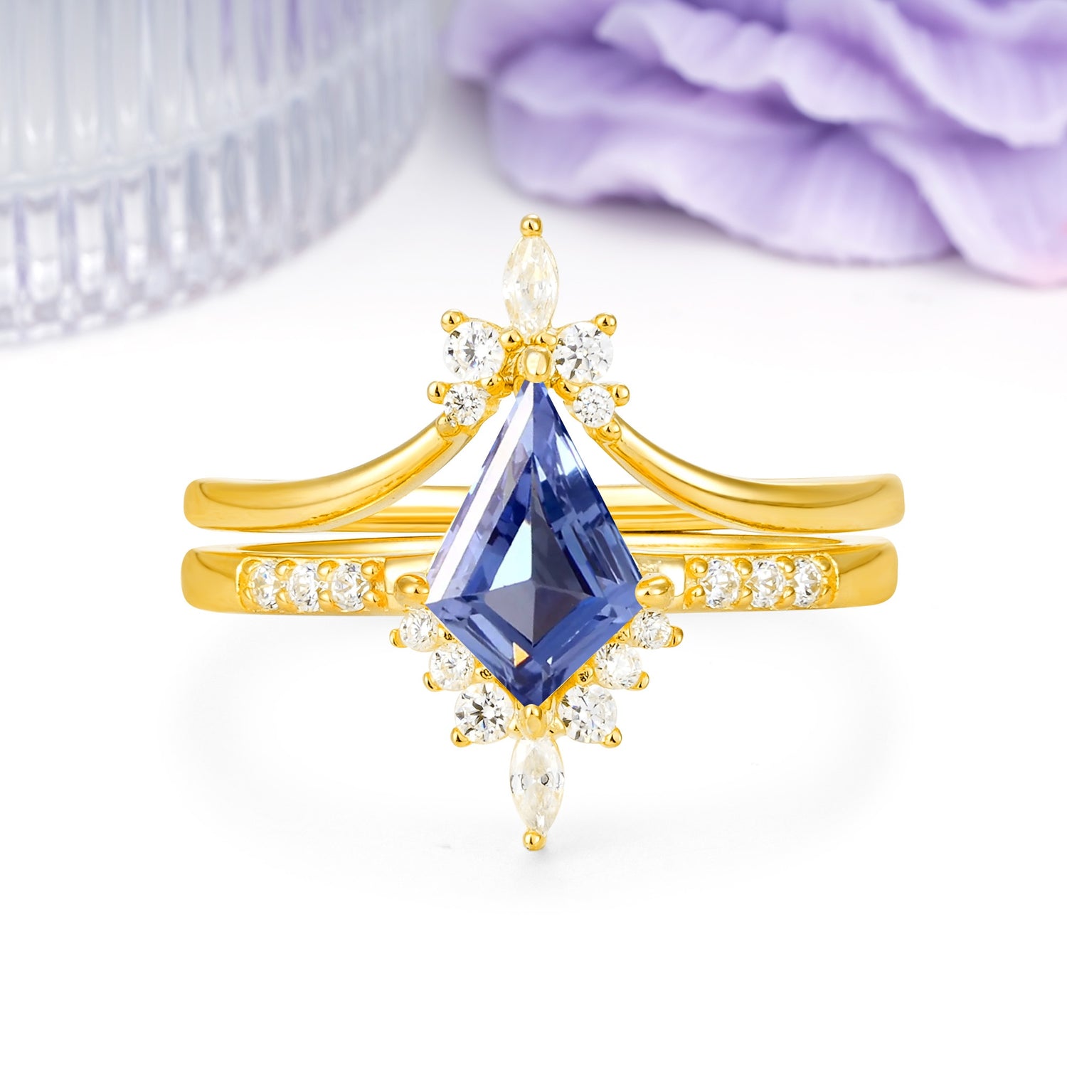 Luxurious Classic 4-Prong Kite Cut Tanzanite Bridal Ring Set - Additional view