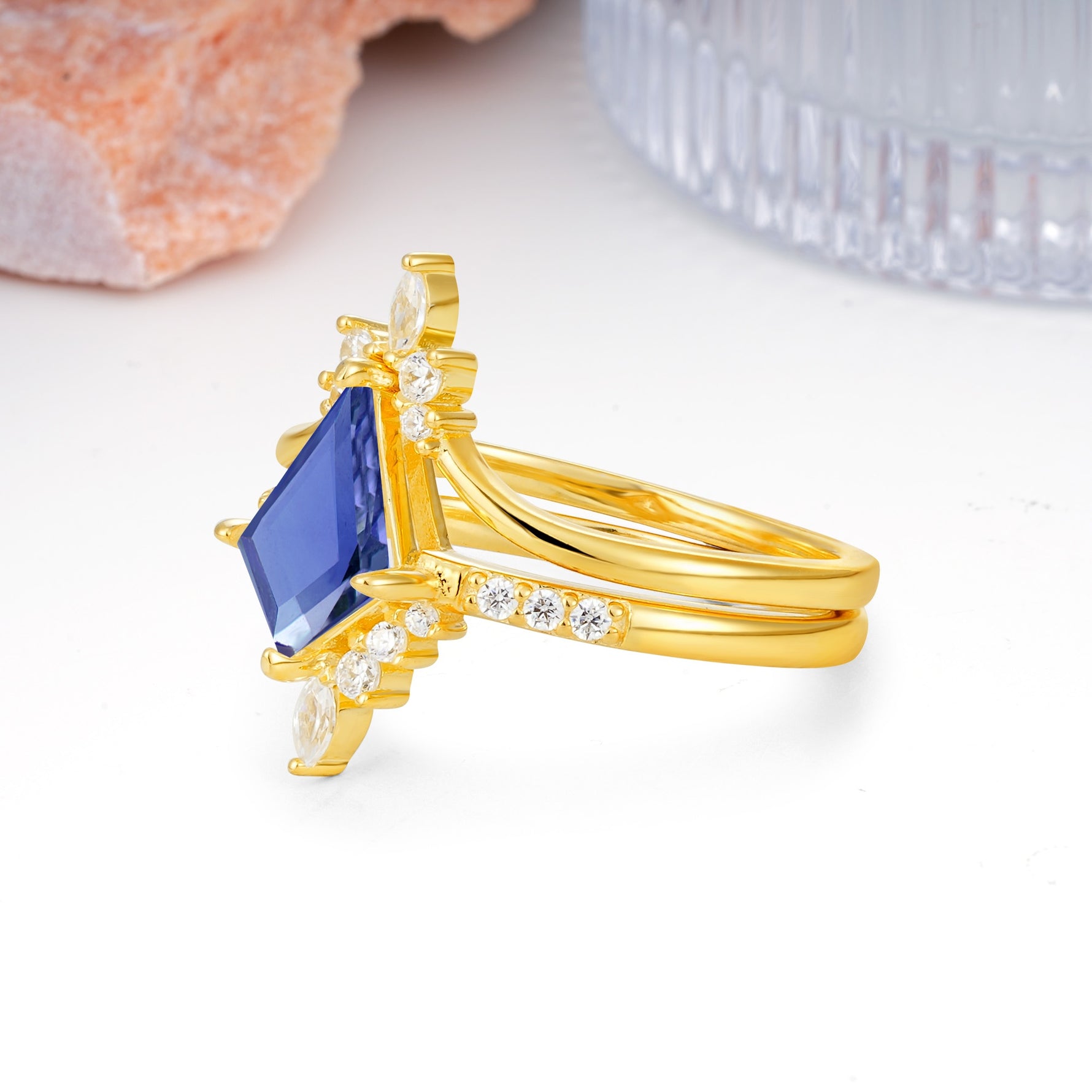 Luxurious Classic 4-Prong Kite Cut Tanzanite Bridal Ring Set - Additional view