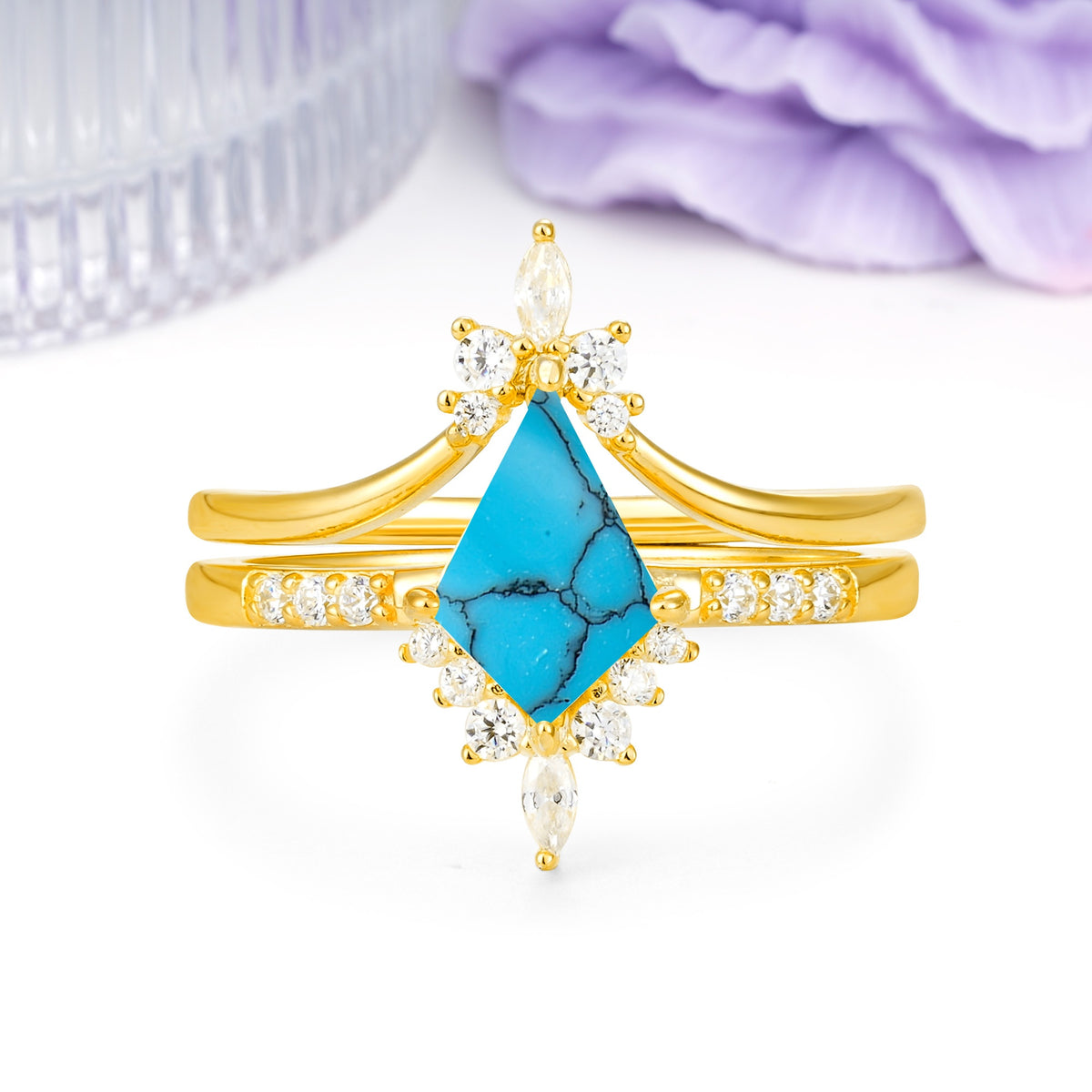 Luxurious Classic 4-Prong Kite Cut Turquoise Bridal Ring Set - Additional view