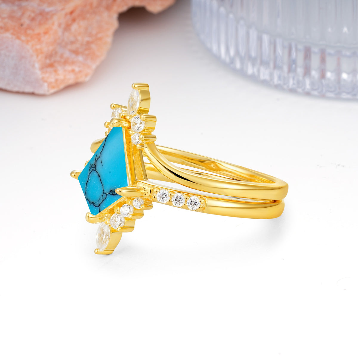 Luxurious Classic 4-Prong Kite Cut Turquoise Bridal Ring Set - Additional view