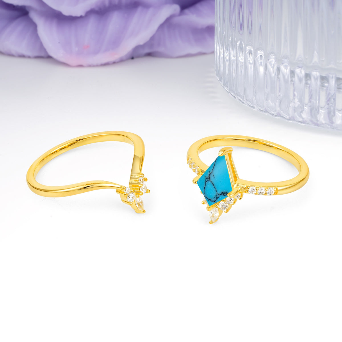 Luxurious Classic 4-Prong Kite Cut Turquoise Bridal Ring Set - Additional view