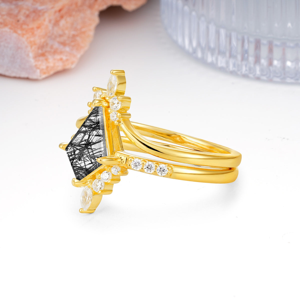 Luxurious Classic 4-Prong Kite Cut Black Rutilated Quartz Bridal Ring Set - Additional view