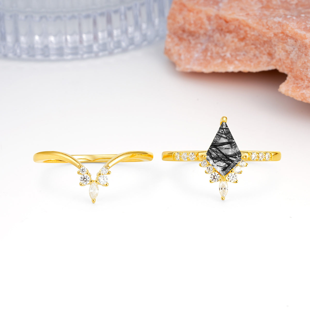 Luxurious Classic 4-Prong Kite Cut Black Rutilated Quartz Bridal Ring Set - Additional view