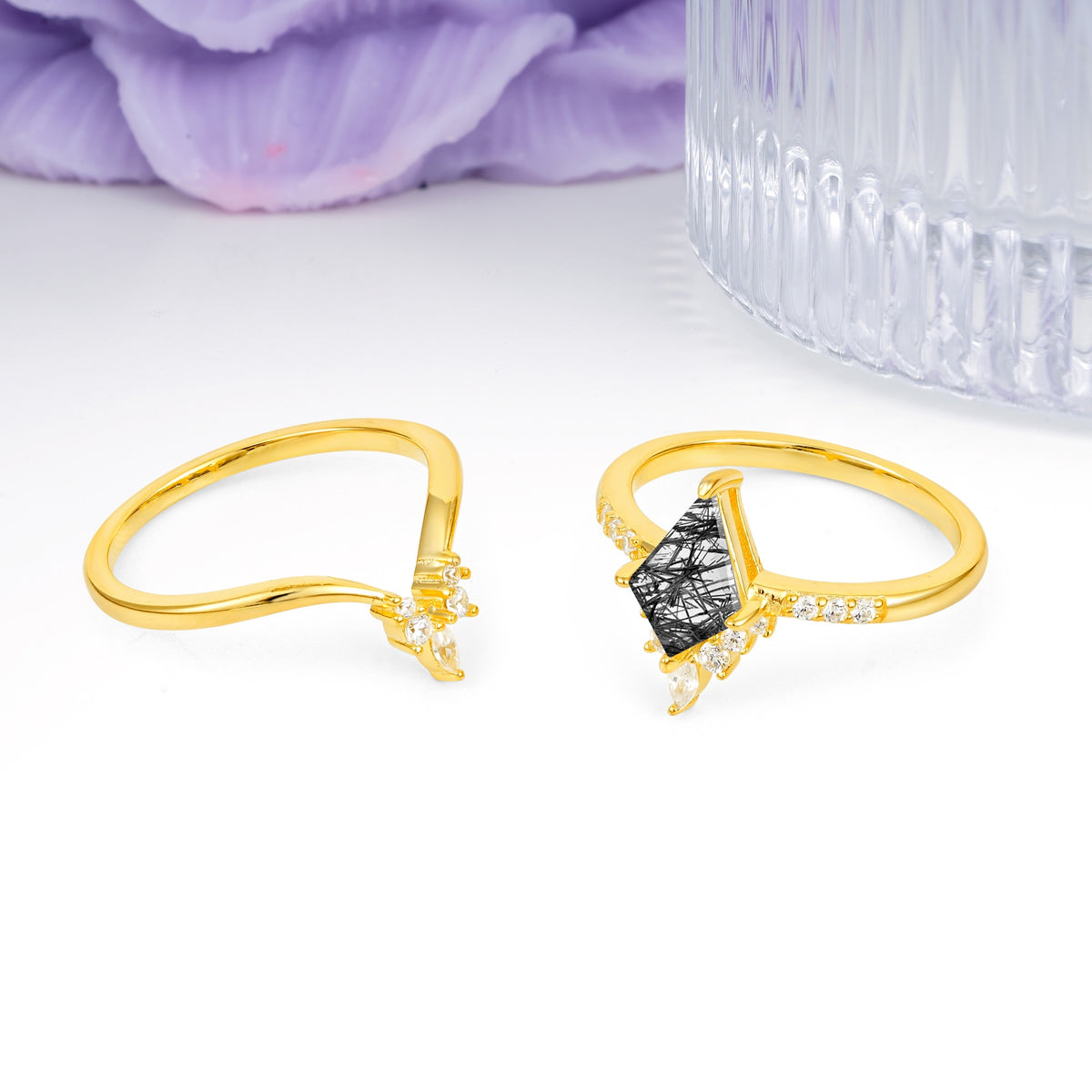 Luxurious Classic 4-Prong Kite Cut Black Rutilated Quartz Bridal Ring Set - Additional view