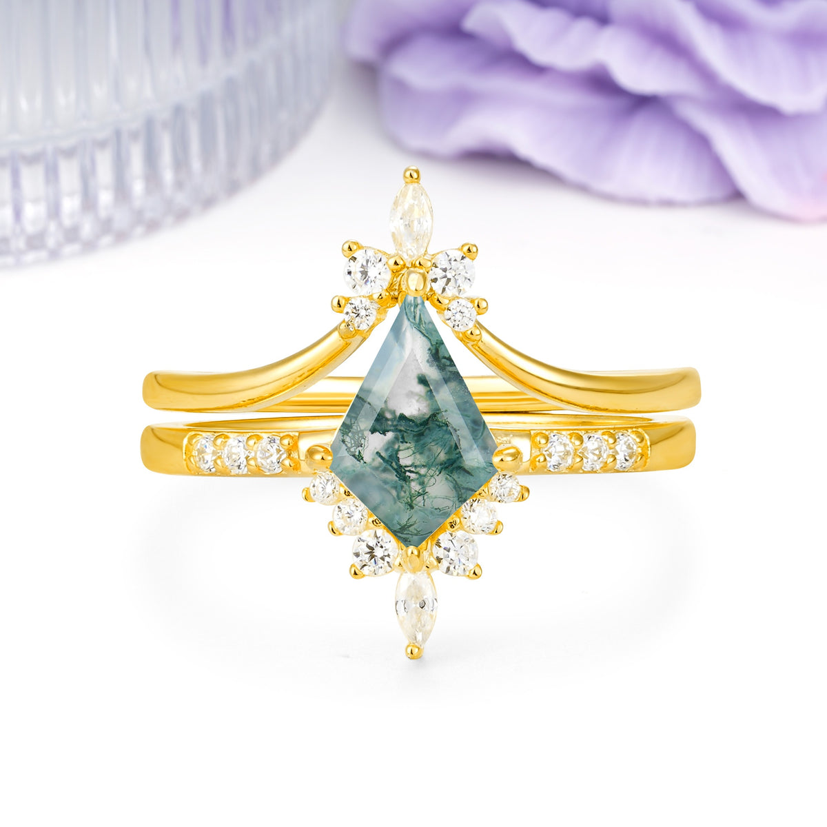 Luxurious Classic 4-Prong Kite Cut Moss Agate Bridal Ring Set - Additional view