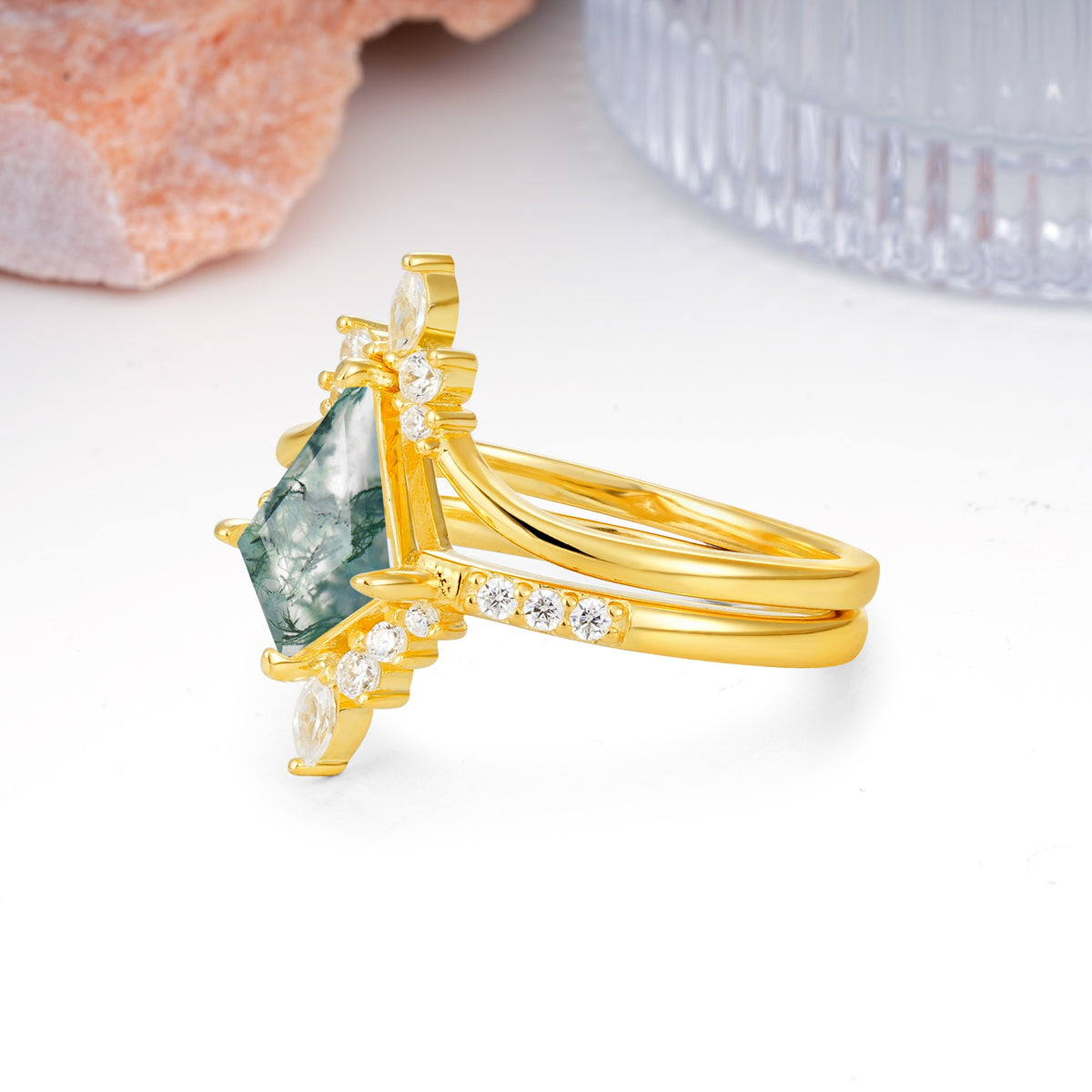 Luxurious Classic 4-Prong Kite Cut Moss Agate Bridal Ring Set - Additional view