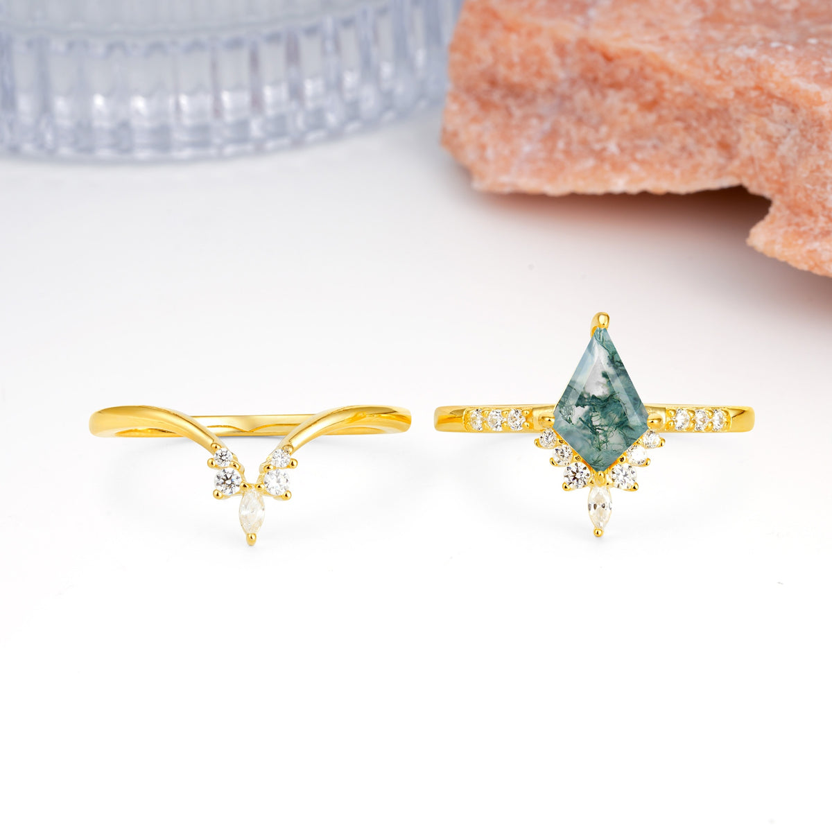 Luxurious Classic 4-Prong Kite Cut Moss Agate Bridal Ring Set - Additional view