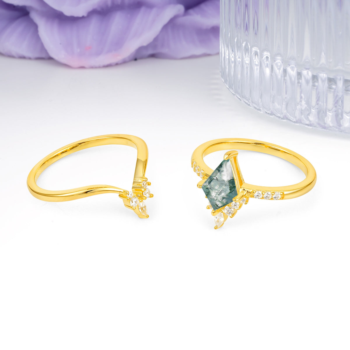 Luxurious Classic 4-Prong Kite Cut Moss Agate Bridal Ring Set - Additional view