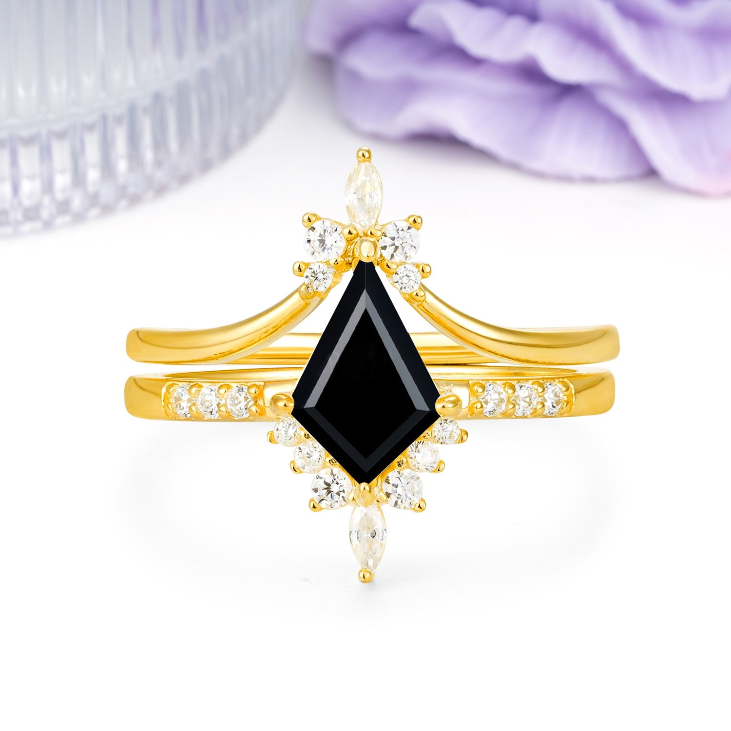 Luxurious Classic 4-Prong Kite Cut Black Onyx Bridal Ring Set - Additional view