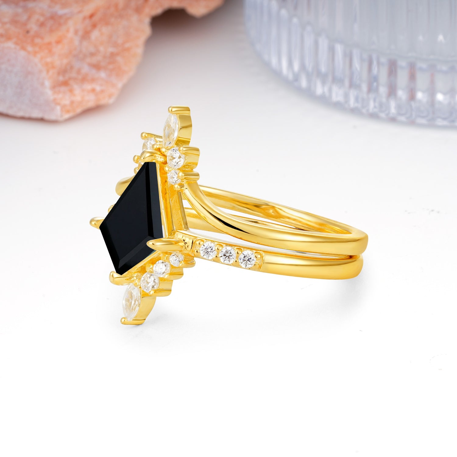 Luxurious Classic 4-Prong Kite Cut Black Onyx Bridal Ring Set - Additional view
