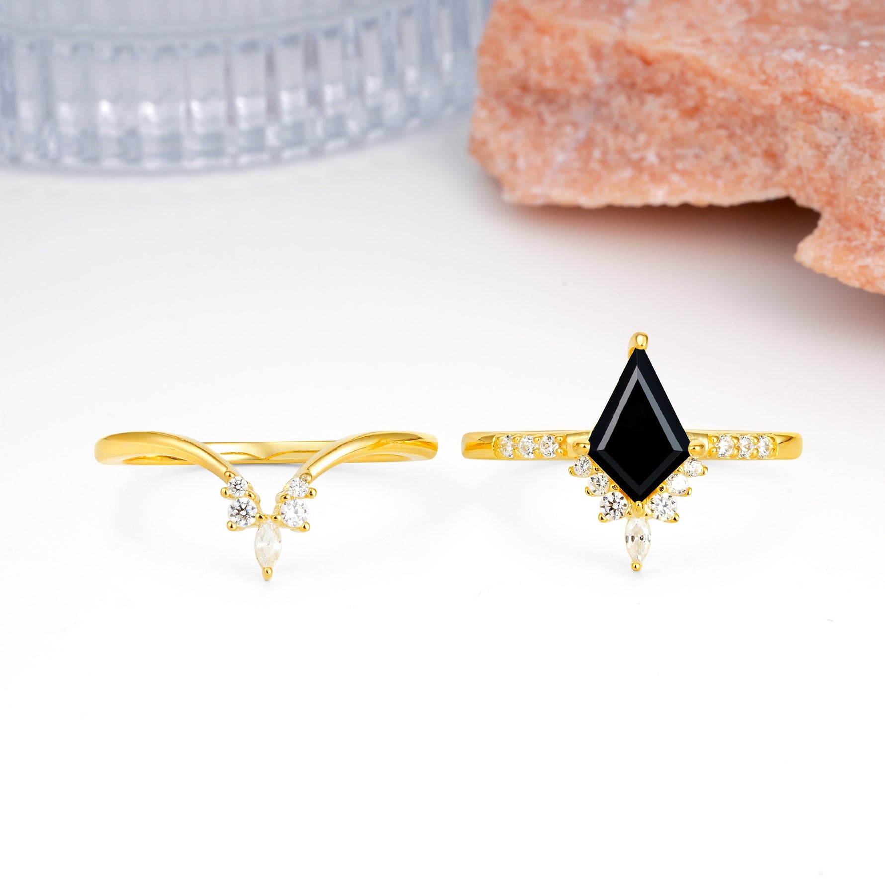 Luxurious Classic 4-Prong Kite Cut Black Onyx Bridal Ring Set - Additional view
