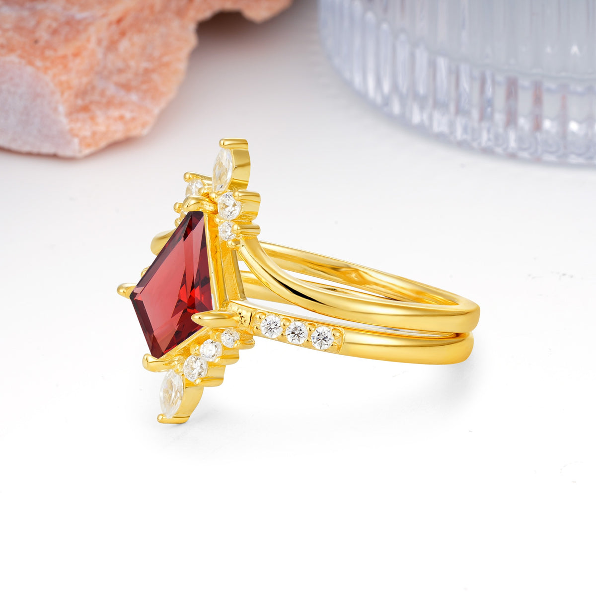 Luxurious Classic 4-Prong Kite Cut Garnet Bridal Ring Set - Additional view