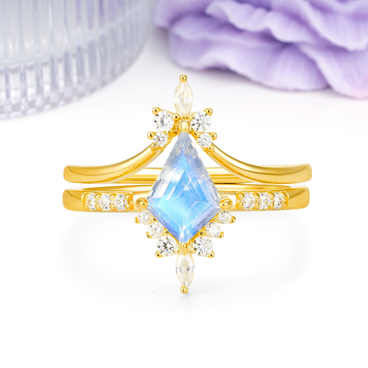 Luxurious Classic 4-Prong Kite Cut Moonstone Bridal Ring Set - Additional view