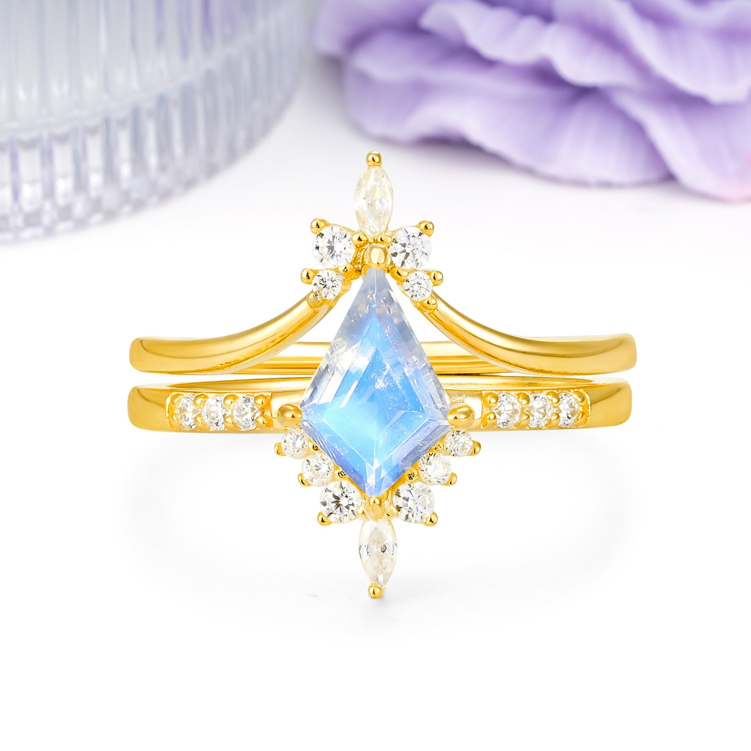 Luxurious Classic 4-Prong Kite Cut Moonstone Bridal Ring Set - Additional view