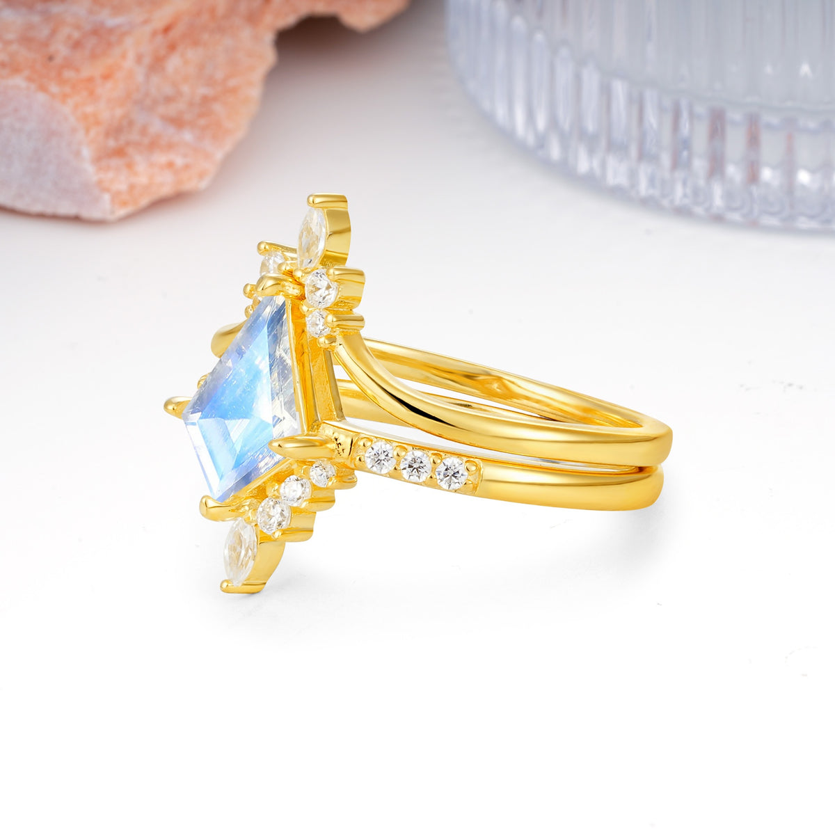 Luxurious Classic 4-Prong Kite Cut Moonstone Bridal Ring Set - Additional view
