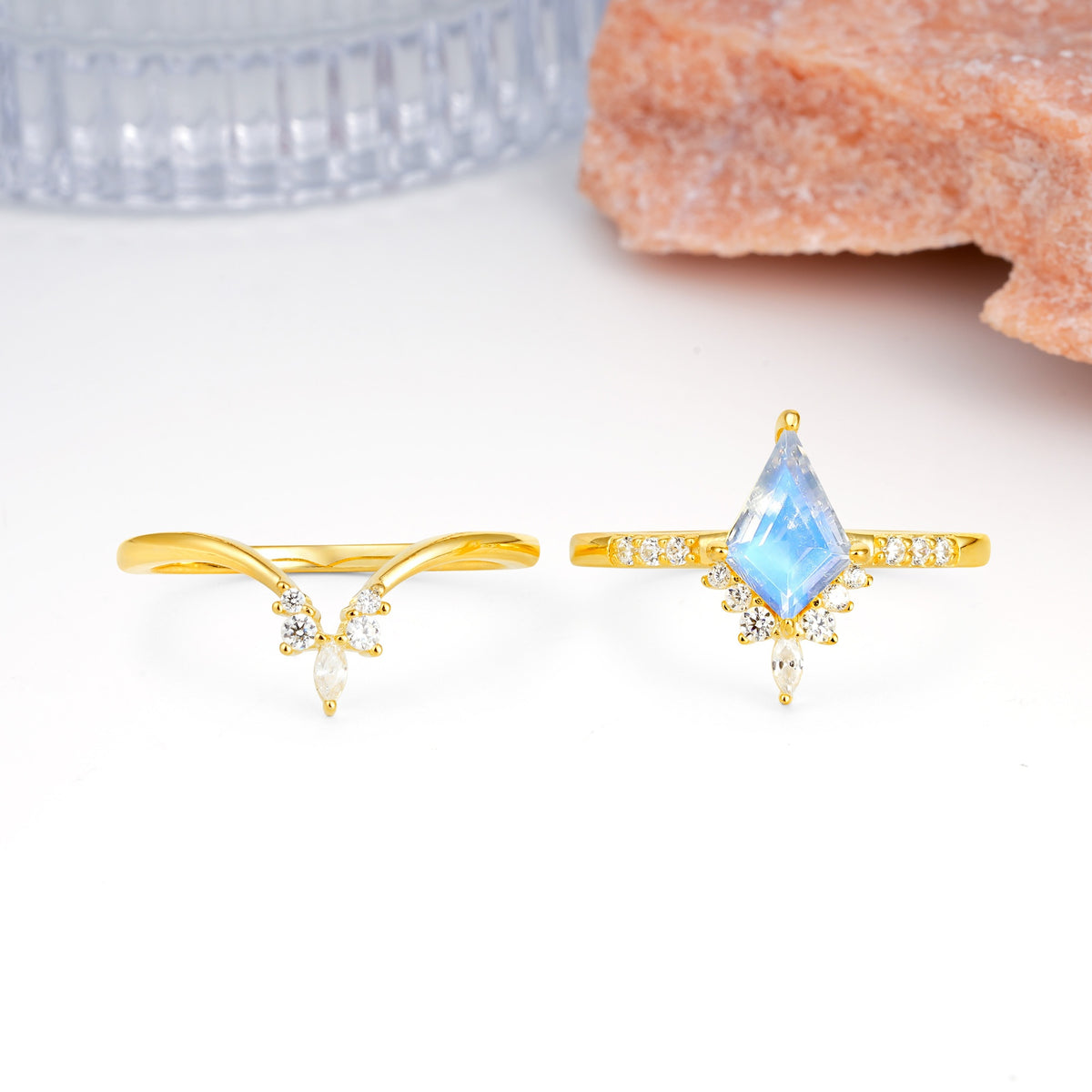 Luxurious Classic 4-Prong Kite Cut Moonstone Bridal Ring Set - Additional view