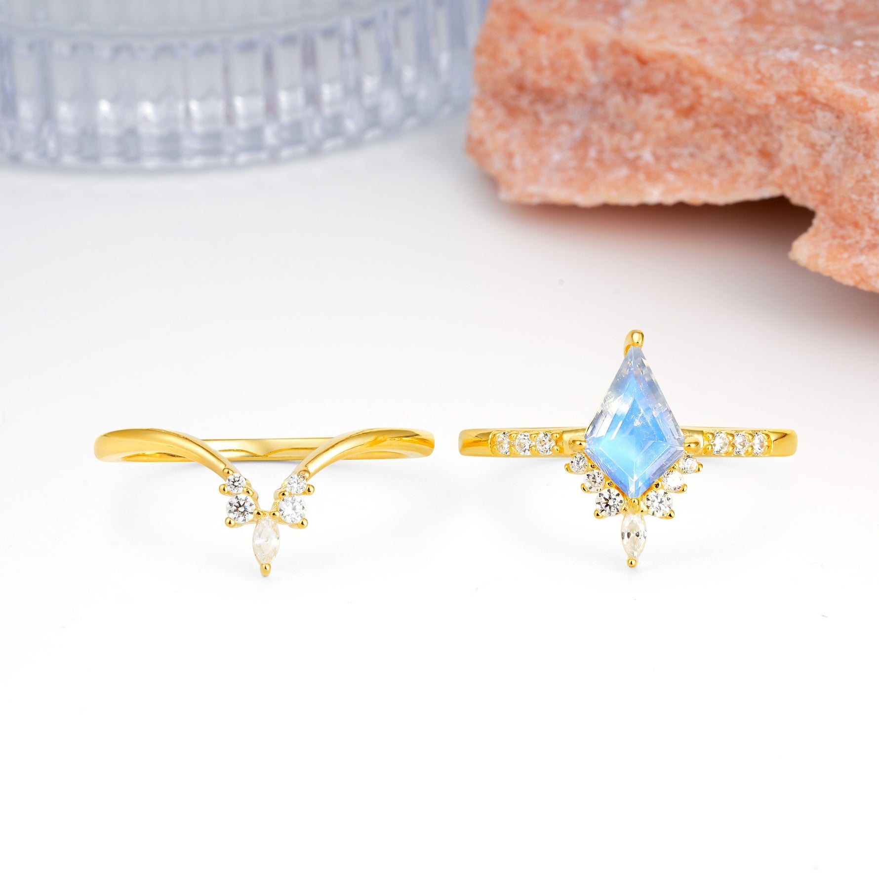 Luxurious Classic 4-Prong Kite Cut Moonstone Bridal Ring Set - Additional view