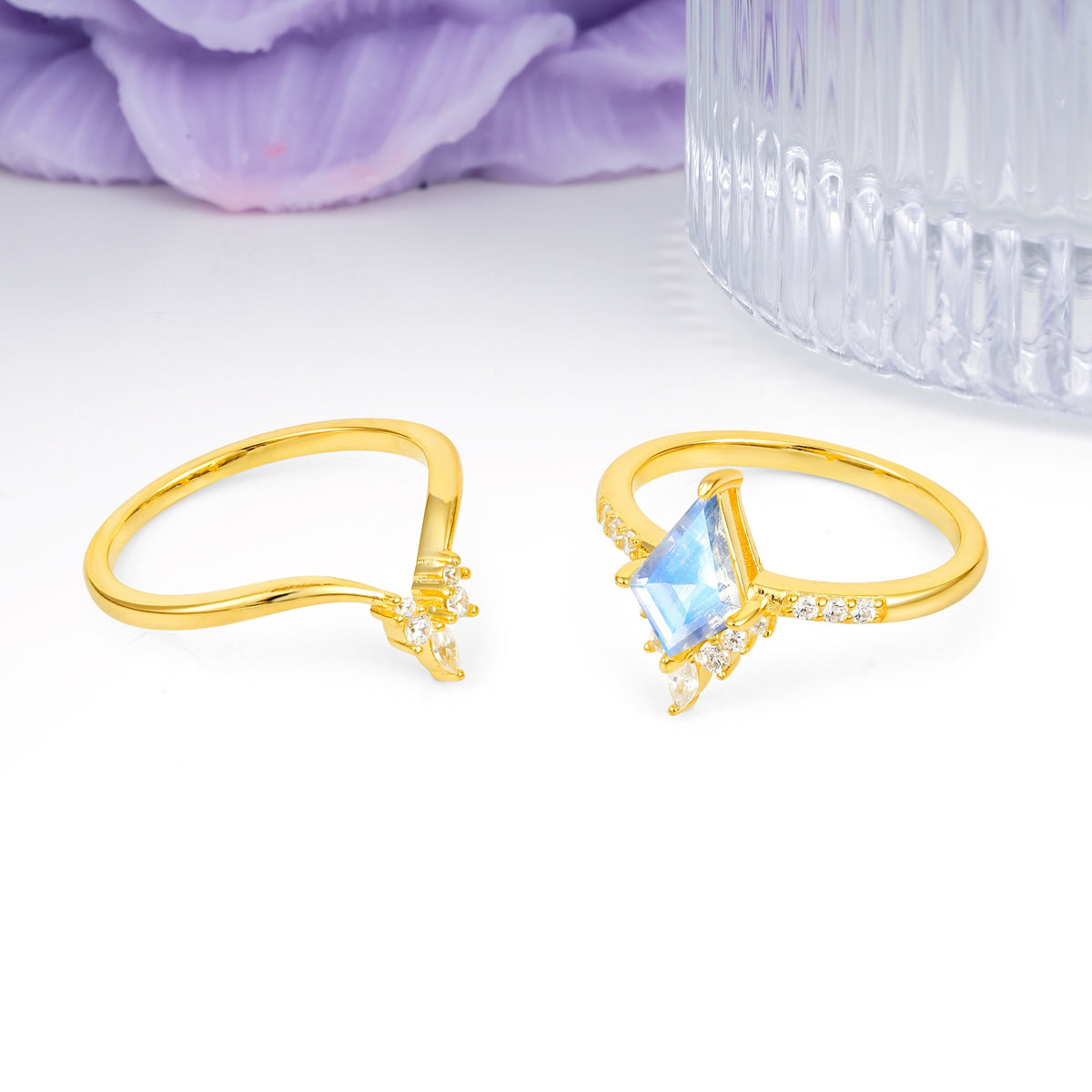 Luxurious Classic 4-Prong Kite Cut Moonstone Bridal Ring Set - Additional view