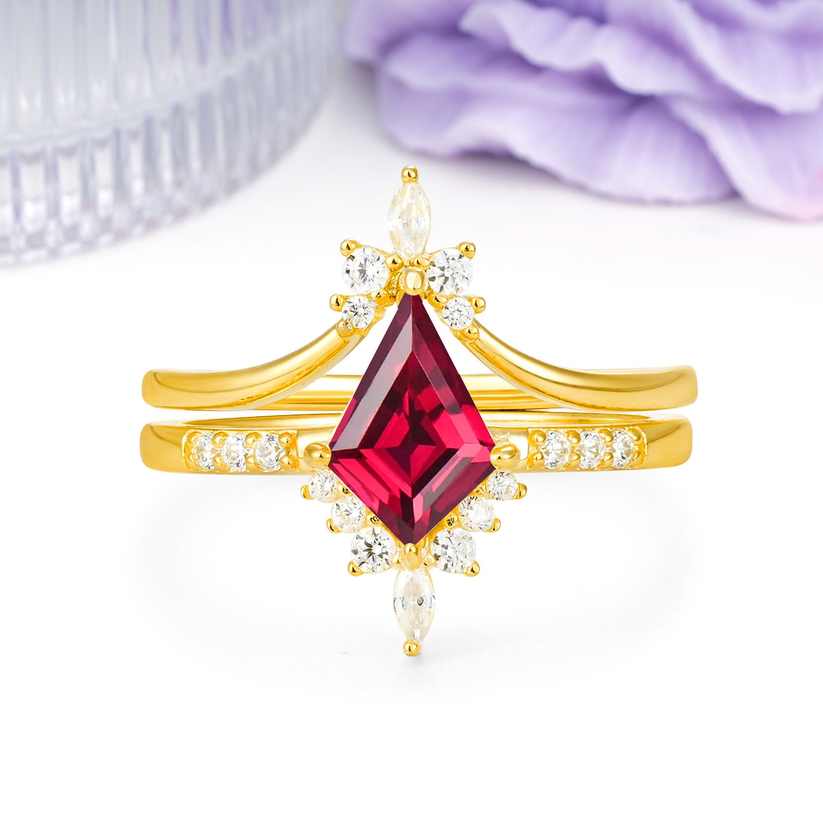 Luxurious Classic 4-Prong Kite Cut Ruby Bridal Ring Set - Additional view